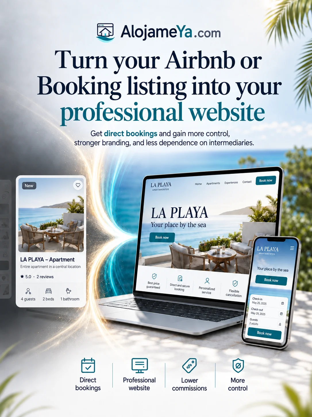 Visual example of transforming an Airbnb or Booking listing into a professional accommodation website