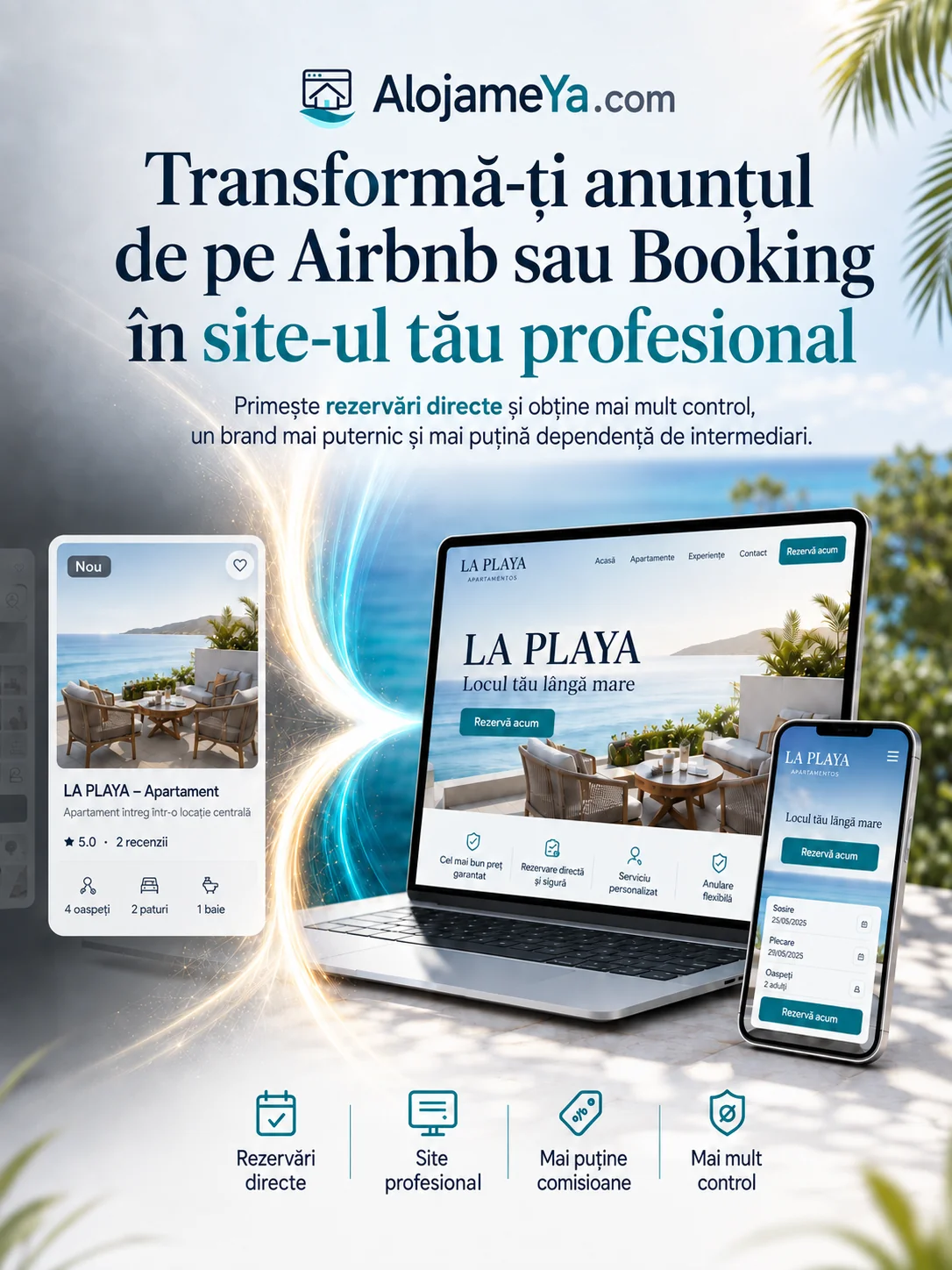 Exemplu vizual de transformare a unui anunț Airbnb sau Booking într-un site profesional pentru cazare